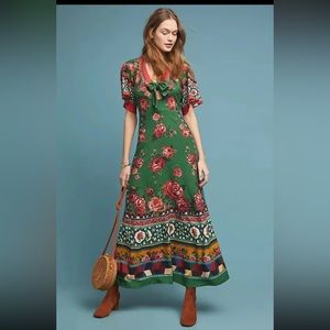 Farm Rio x Anthropologie Bolero Green Maxi Dress Size Small with Bow Tie Front